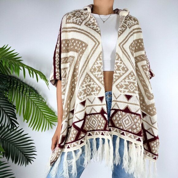 Womens Beige Aztec Bohemian Western Sweater Cardigan Fall Hooded Poncho / S/M - Picture 1 of 8